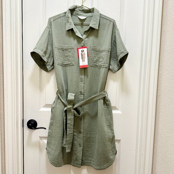 New Weatherproof Women's Gauze Midi Dress Size M Green Adjustable Belt At Waist - Picture 14 of 14